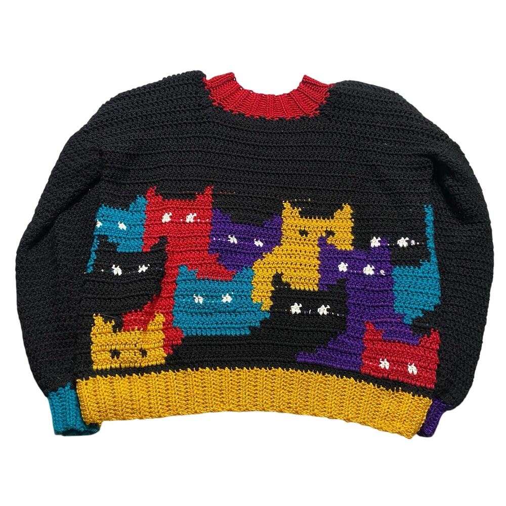 Vintage Cat Sweater Size XL No Tag Cat Gathering Colorful Knit Crochet Spooky